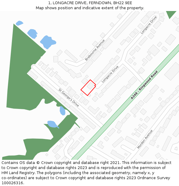 1, LONGACRE DRIVE, FERNDOWN, BH22 9EE: Location map and indicative extent of plot