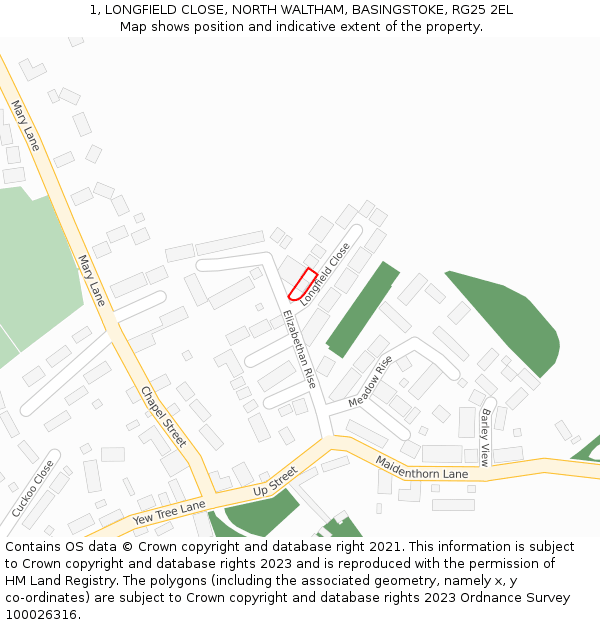 1, LONGFIELD CLOSE, NORTH WALTHAM, BASINGSTOKE, RG25 2EL: Location map and indicative extent of plot