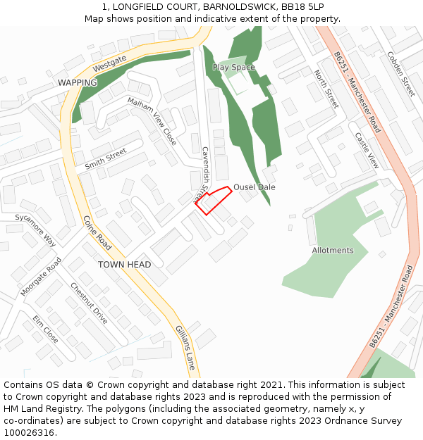 1, LONGFIELD COURT, BARNOLDSWICK, BB18 5LP: Location map and indicative extent of plot