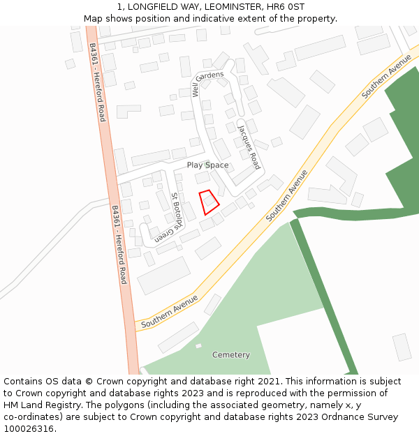 1, LONGFIELD WAY, LEOMINSTER, HR6 0ST: Location map and indicative extent of plot