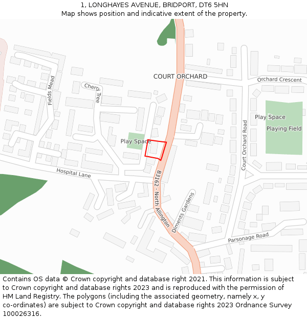 1, LONGHAYES AVENUE, BRIDPORT, DT6 5HN: Location map and indicative extent of plot