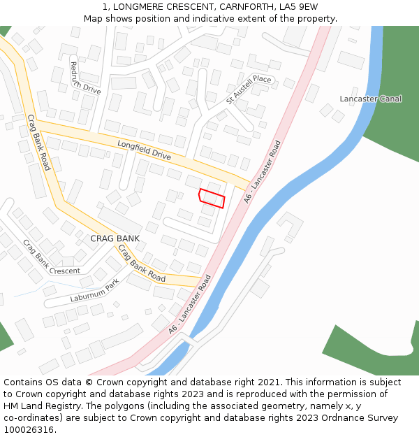 1, LONGMERE CRESCENT, CARNFORTH, LA5 9EW: Location map and indicative extent of plot