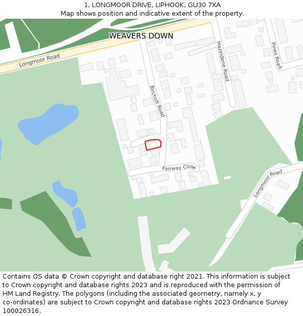 1, LONGMOOR DRIVE, LIPHOOK, GU30 7XA: Location map and indicative extent of plot