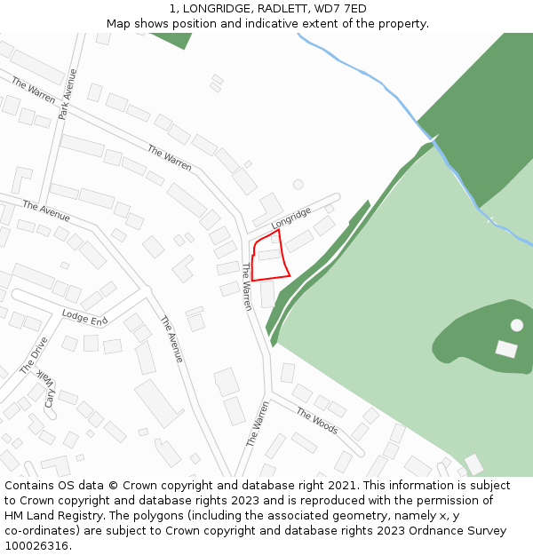 1, LONGRIDGE, RADLETT, WD7 7ED: Location map and indicative extent of plot