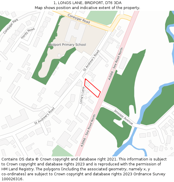 1, LONGS LANE, BRIDPORT, DT6 3DA: Location map and indicative extent of plot