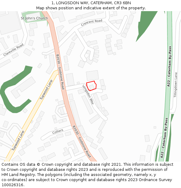 1, LONGSDON WAY, CATERHAM, CR3 6BN: Location map and indicative extent of plot