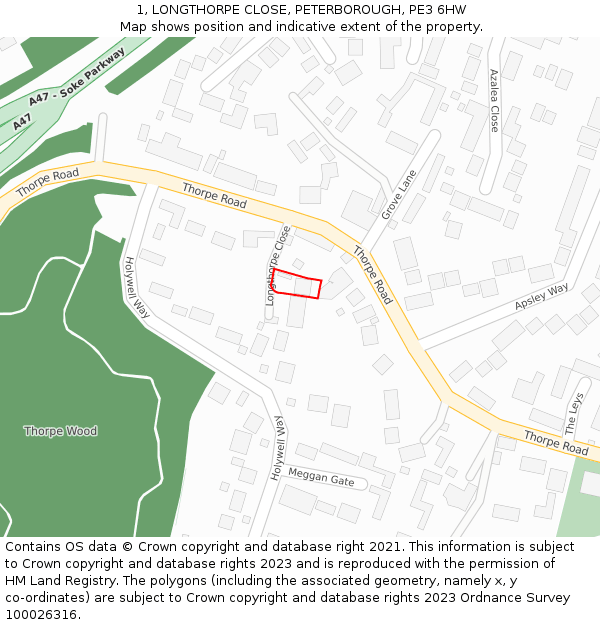 1, LONGTHORPE CLOSE, PETERBOROUGH, PE3 6HW: Location map and indicative extent of plot
