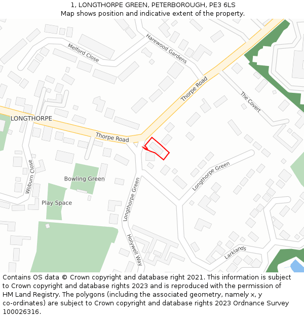 1, LONGTHORPE GREEN, PETERBOROUGH, PE3 6LS: Location map and indicative extent of plot