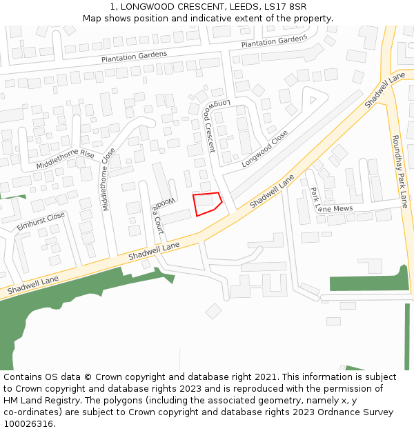 1, LONGWOOD CRESCENT, LEEDS, LS17 8SR: Location map and indicative extent of plot
