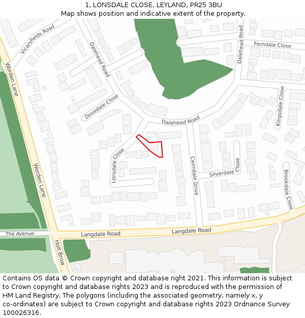 1, LONSDALE CLOSE, LEYLAND, PR25 3BU: Location map and indicative extent of plot