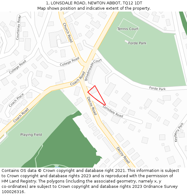 1, LONSDALE ROAD, NEWTON ABBOT, TQ12 1DT: Location map and indicative extent of plot