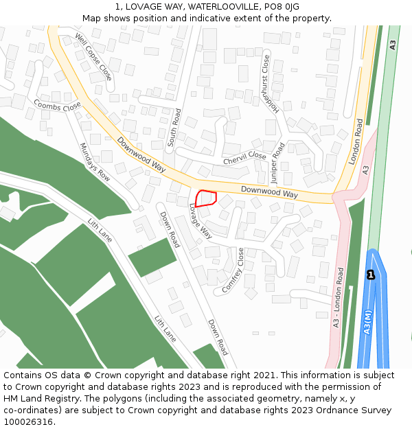 1, LOVAGE WAY, WATERLOOVILLE, PO8 0JG: Location map and indicative extent of plot