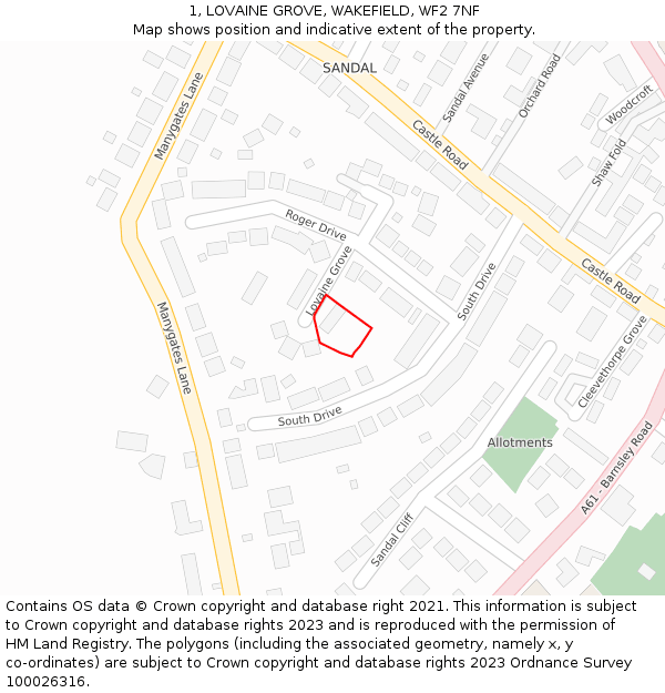 1, LOVAINE GROVE, WAKEFIELD, WF2 7NF: Location map and indicative extent of plot