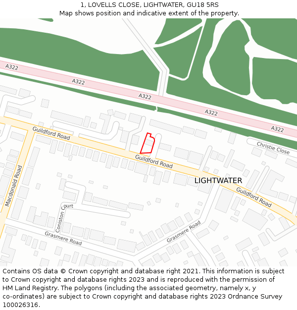 1, LOVELLS CLOSE, LIGHTWATER, GU18 5RS: Location map and indicative extent of plot