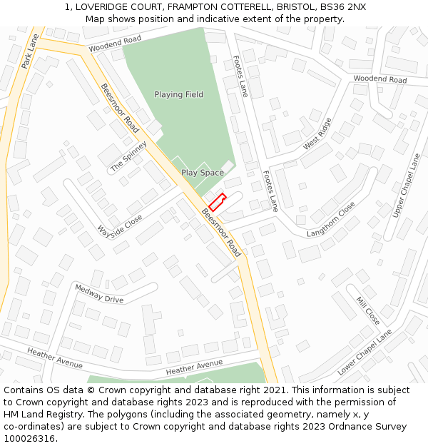 1, LOVERIDGE COURT, FRAMPTON COTTERELL, BRISTOL, BS36 2NX: Location map and indicative extent of plot