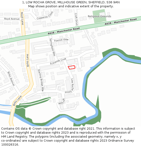 1, LOW ROCHA GROVE, MILLHOUSE GREEN, SHEFFIELD, S36 9AN: Location map and indicative extent of plot