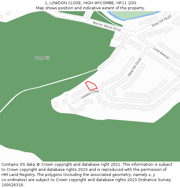 1, LOWDON CLOSE, HIGH WYCOMBE, HP11 1DN: Location map and indicative extent of plot