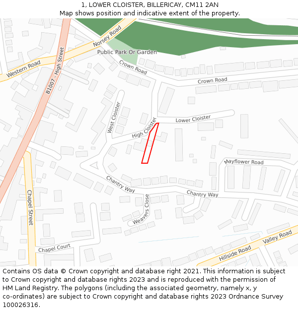 1, LOWER CLOISTER, BILLERICAY, CM11 2AN: Location map and indicative extent of plot