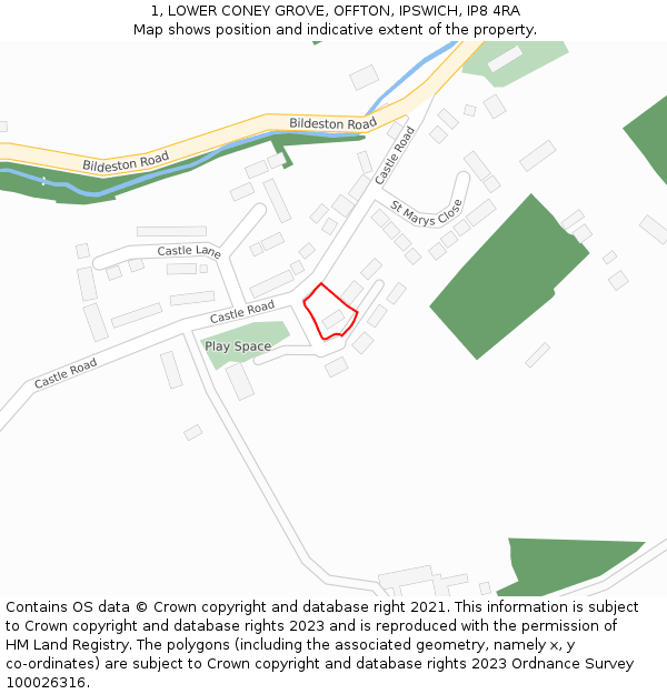 1, LOWER CONEY GROVE, OFFTON, IPSWICH, IP8 4RA: Location map and indicative extent of plot