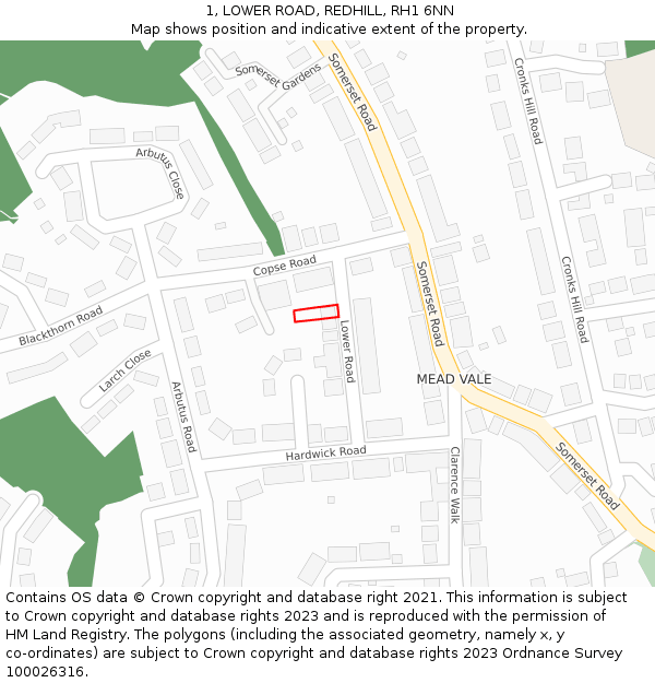 1, LOWER ROAD, REDHILL, RH1 6NN: Location map and indicative extent of plot