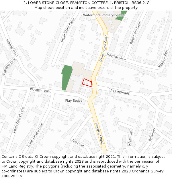 1, LOWER STONE CLOSE, FRAMPTON COTTERELL, BRISTOL, BS36 2LG: Location map and indicative extent of plot