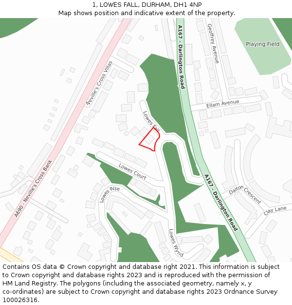 1, LOWES FALL, DURHAM, DH1 4NP: Location map and indicative extent of plot