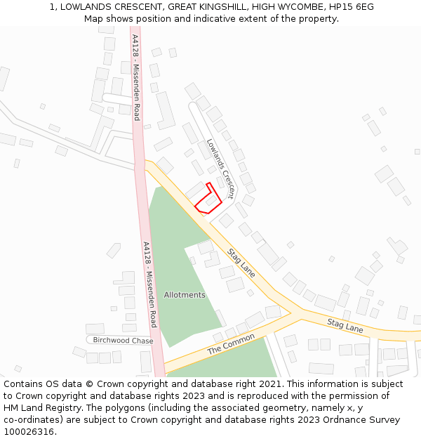 1, LOWLANDS CRESCENT, GREAT KINGSHILL, HIGH WYCOMBE, HP15 6EG: Location map and indicative extent of plot