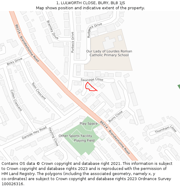 1, LULWORTH CLOSE, BURY, BL8 1JS: Location map and indicative extent of plot