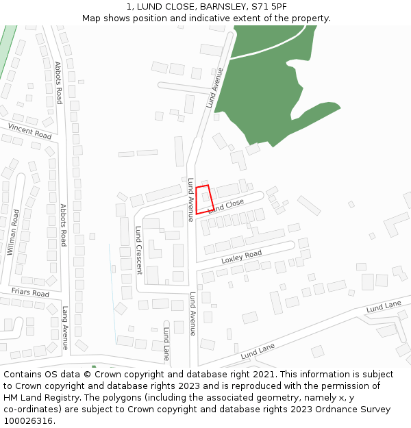 1, LUND CLOSE, BARNSLEY, S71 5PF: Location map and indicative extent of plot