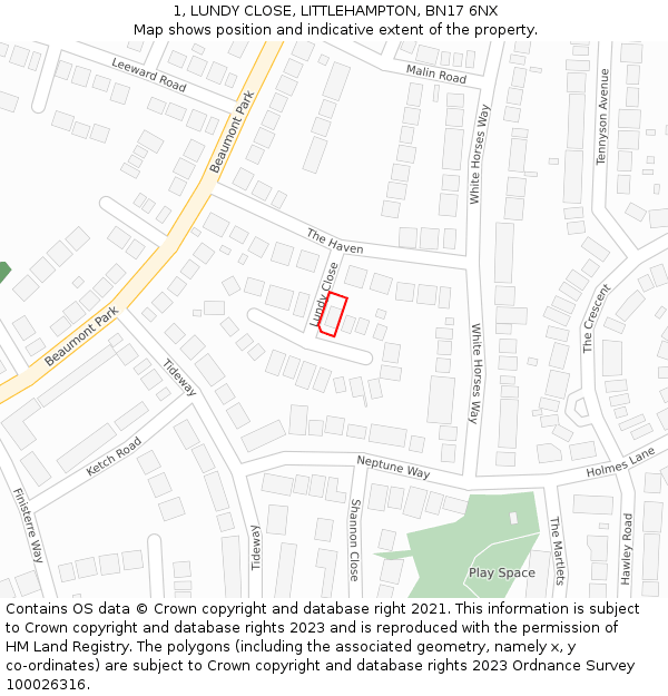 1, LUNDY CLOSE, LITTLEHAMPTON, BN17 6NX: Location map and indicative extent of plot