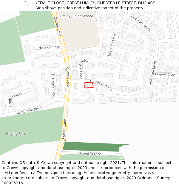 1, LUNEDALE CLOSE, GREAT LUMLEY, CHESTER LE STREET, DH3 4SS: Location map and indicative extent of plot