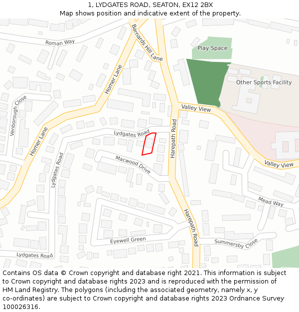 1, LYDGATES ROAD, SEATON, EX12 2BX: Location map and indicative extent of plot