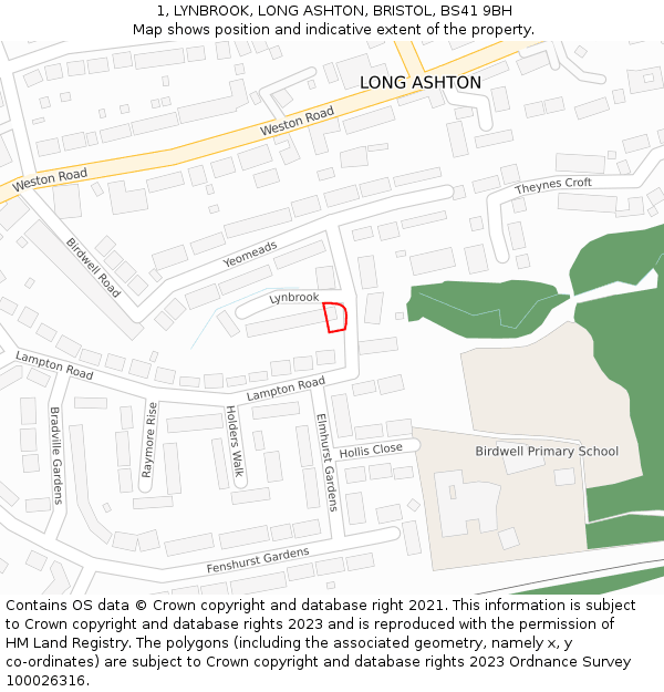 1, LYNBROOK, LONG ASHTON, BRISTOL, BS41 9BH: Location map and indicative extent of plot