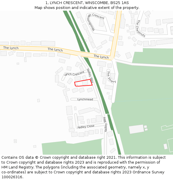 1, LYNCH CRESCENT, WINSCOMBE, BS25 1AS: Location map and indicative extent of plot