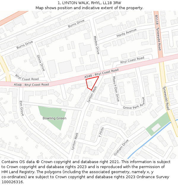 1, LYNTON WALK, RHYL, LL18 3RW: Location map and indicative extent of plot