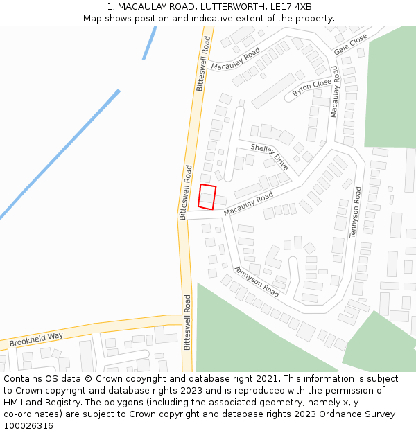 1, MACAULAY ROAD, LUTTERWORTH, LE17 4XB: Location map and indicative extent of plot