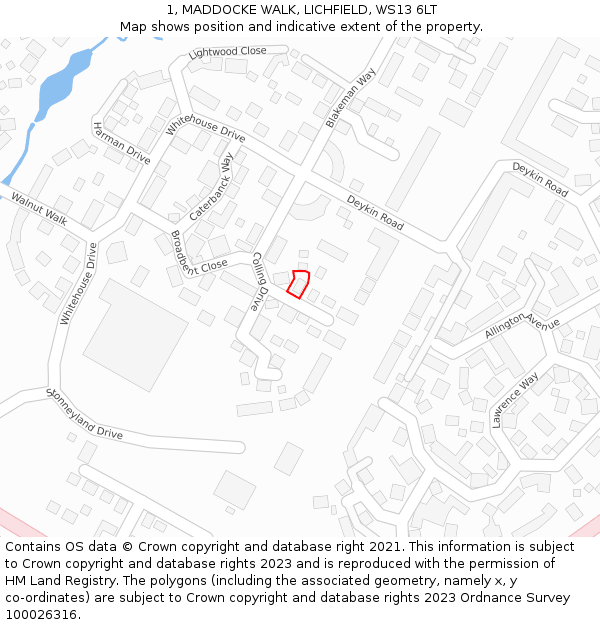 1, MADDOCKE WALK, LICHFIELD, WS13 6LT: Location map and indicative extent of plot