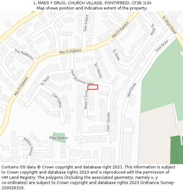 1, MAES Y GRUG, CHURCH VILLAGE, PONTYPRIDD, CF38 1UN: Location map and indicative extent of plot