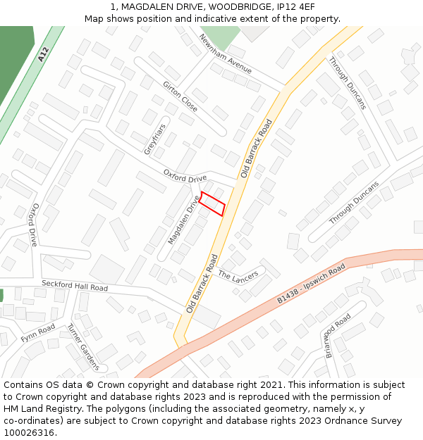 1, MAGDALEN DRIVE, WOODBRIDGE, IP12 4EF: Location map and indicative extent of plot