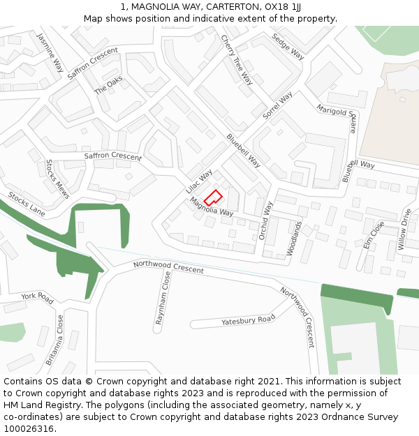 1, MAGNOLIA WAY, CARTERTON, OX18 1JJ: Location map and indicative extent of plot