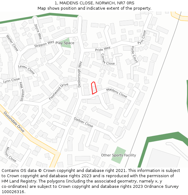 1, MAIDENS CLOSE, NORWICH, NR7 0RS: Location map and indicative extent of plot