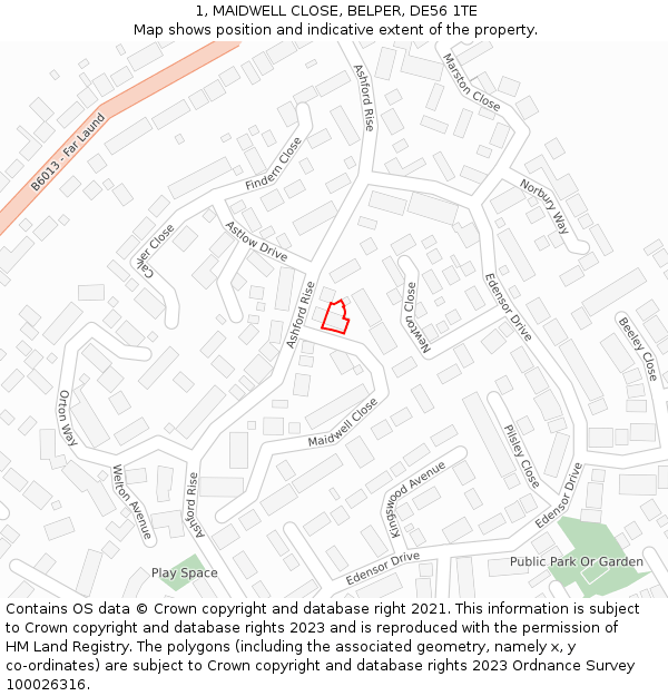 1, MAIDWELL CLOSE, BELPER, DE56 1TE: Location map and indicative extent of plot