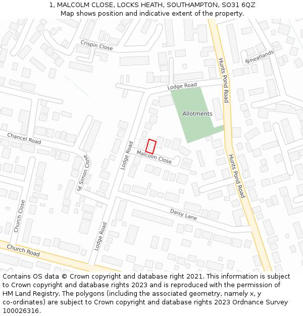 1, MALCOLM CLOSE, LOCKS HEATH, SOUTHAMPTON, SO31 6QZ: Location map and indicative extent of plot