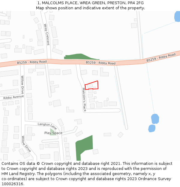 1, MALCOLMS PLACE, WREA GREEN, PRESTON, PR4 2FG: Location map and indicative extent of plot
