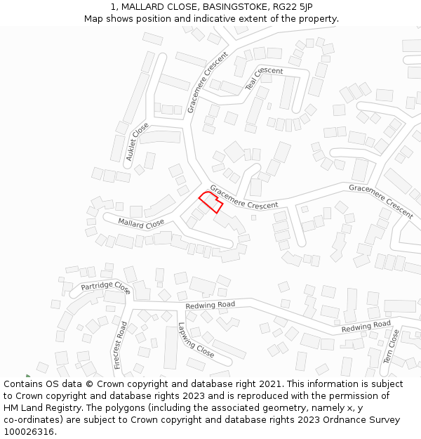 1, MALLARD CLOSE, BASINGSTOKE, RG22 5JP: Location map and indicative extent of plot