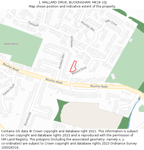 1, MALLARD DRIVE, BUCKINGHAM, MK18 1GJ: Location map and indicative extent of plot