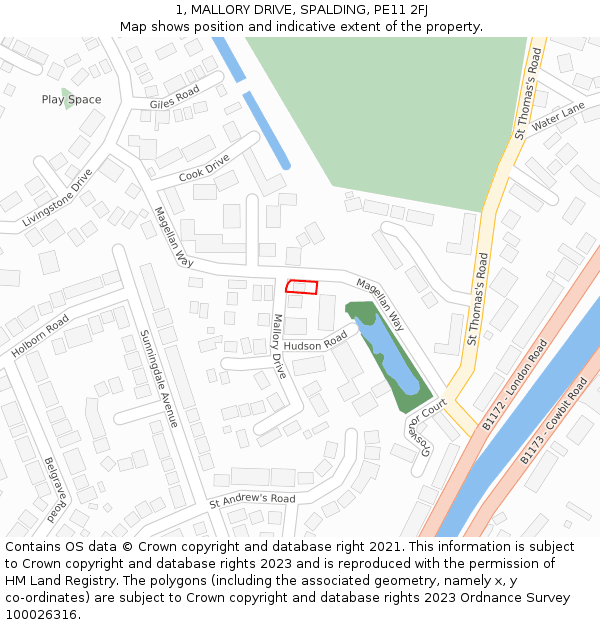 1, MALLORY DRIVE, SPALDING, PE11 2FJ: Location map and indicative extent of plot