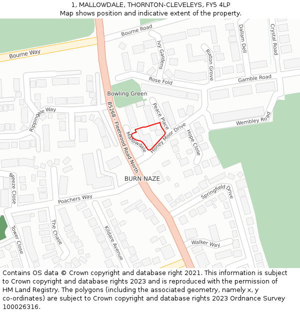 1, MALLOWDALE, THORNTON-CLEVELEYS, FY5 4LP: Location map and indicative extent of plot