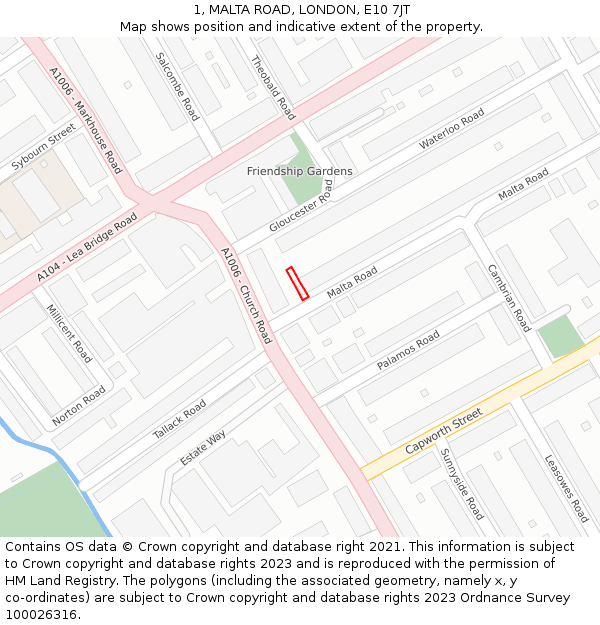 1, MALTA ROAD, LONDON, E10 7JT: Location map and indicative extent of plot