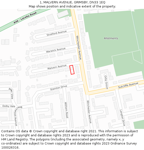 1, MALVERN AVENUE, GRIMSBY, DN33 1EQ: Location map and indicative extent of plot